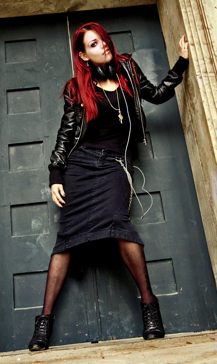 Redhead Gothic Girl Wearing Black Sheer Pantyhose And Blue Denim Skirt